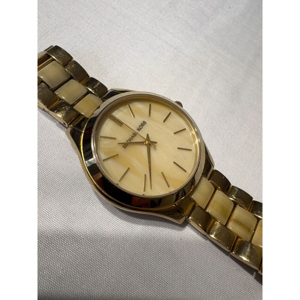 Michael Kors Women’s Gold-Tone Watch – Cream Marbled Dial & Link Bracelet